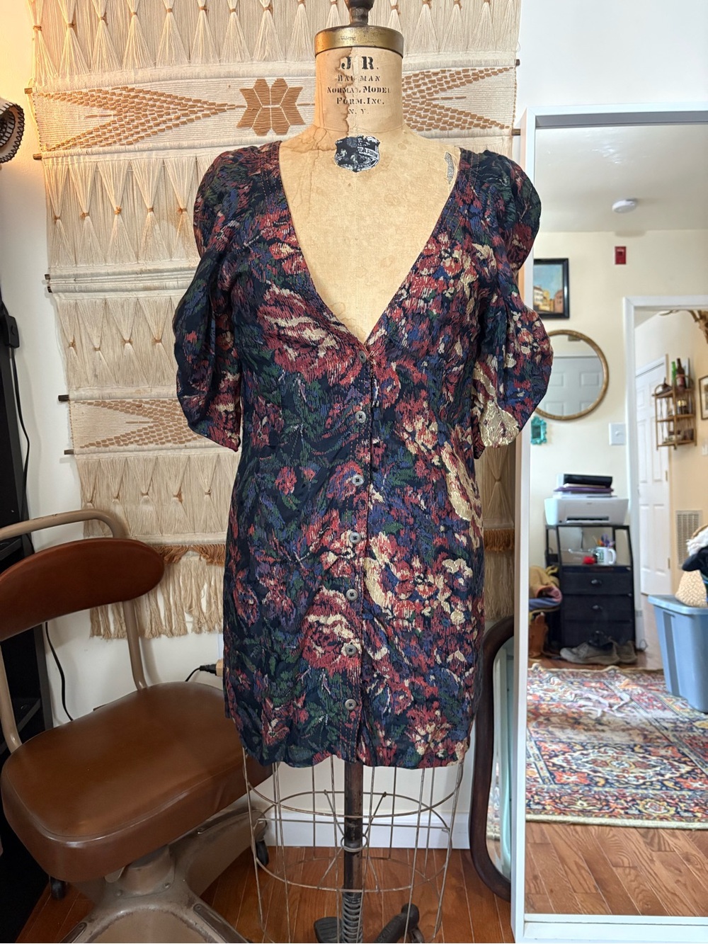 Floral V-Neck Puff Sleeve Button Front Top - Navy Multicolor